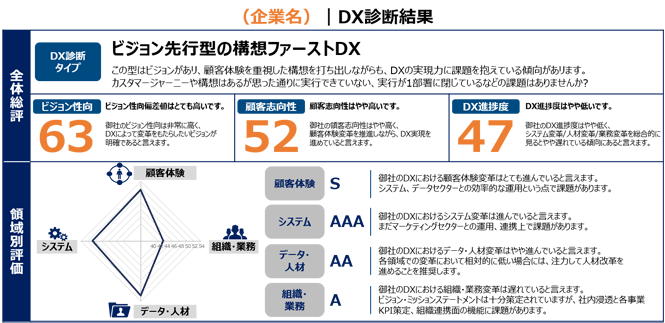 DX診断の結果は、8種類の「タイプ」や、各指標のレーダーチャートなどで、分かりやすく表示される。