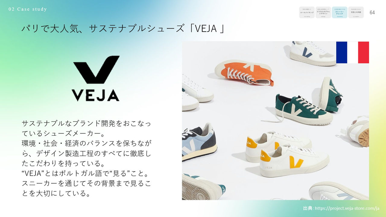 拡大画像:サステナブルシューズメーカー「VEJA」の図 VEJA:サステナブルなブランド開発をおこなっているシューズメーカー。​環境・社会・経済のバランスを保ちながら、デザイン製造工程のすべてに徹底したこだわりを持っている。​“VEJA”とはポルトガル語で“見る”こと。スニーカーを通じてその背景まで見ることを大切にしている