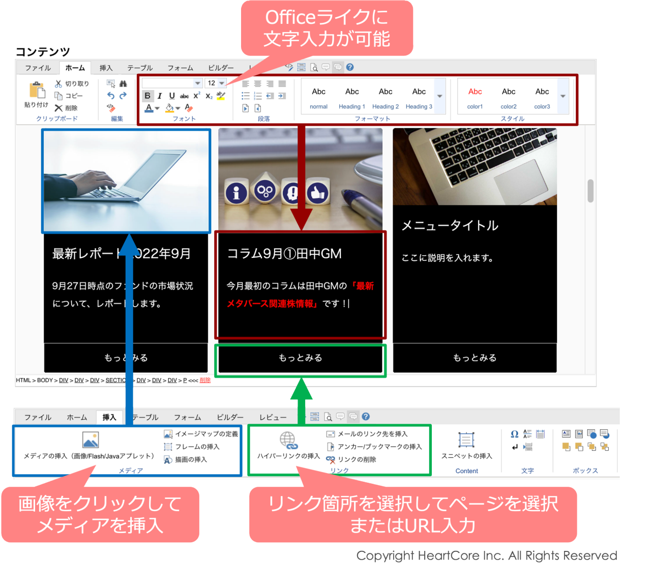 拡大画像:WYSIWYGエディターの図 Officeライクに文字入力が可能、画像をクリックしてメディアを挿入、リンク箇所を選択してページを選択またはURL入力
