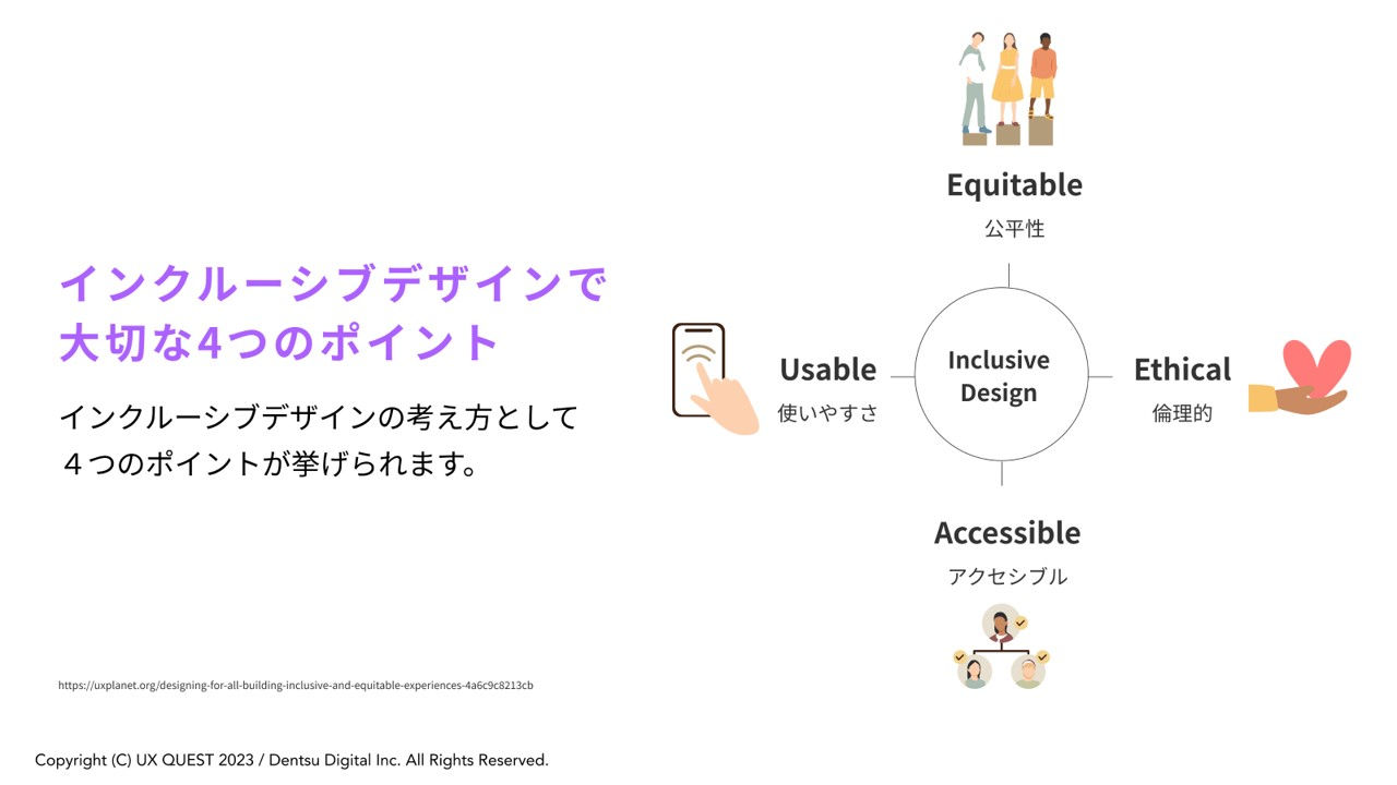 拡大画像:インクルーシブデザインで大切な4つのポイントの図 インクルーシブデザインの考え方として4つのポイントが挙げられます インクルーシブデザイン:使いやすさ、アクセンブル、倫理的、公平性