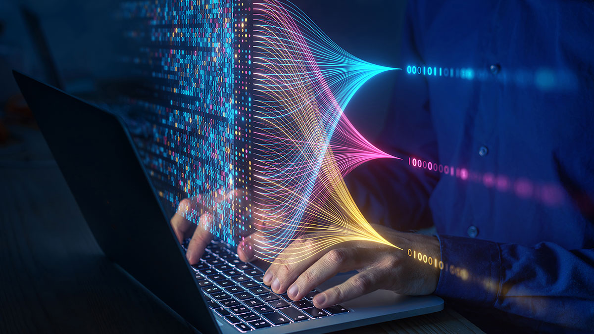 Data science and big data technology. Data scientist computing, analysing and visualizing complex data set on computer. Data mining, artificial intelligence, machine learning, business analytics.