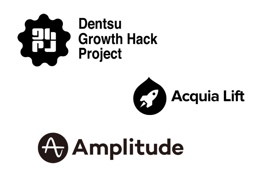 Dentsu Growth Hack Project,Acquia Lift,Amplitudeのロゴ
