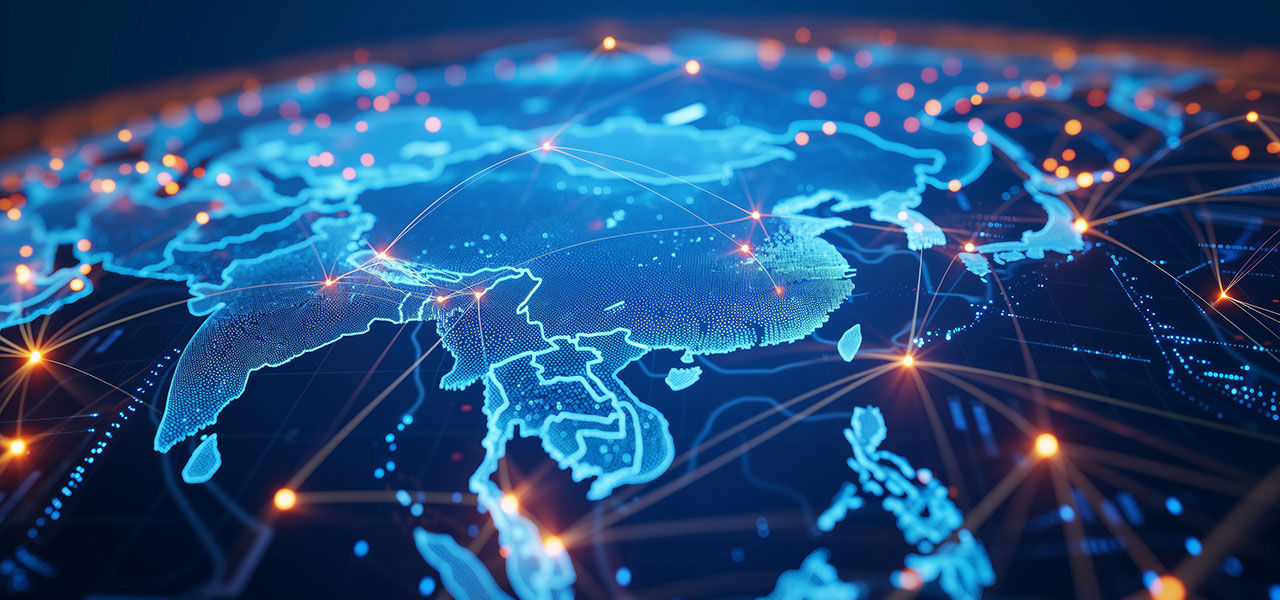 Digital map of Asia, concept of global network and connectivity, data transfer and cyber technology, business exchange, information and telecommunication