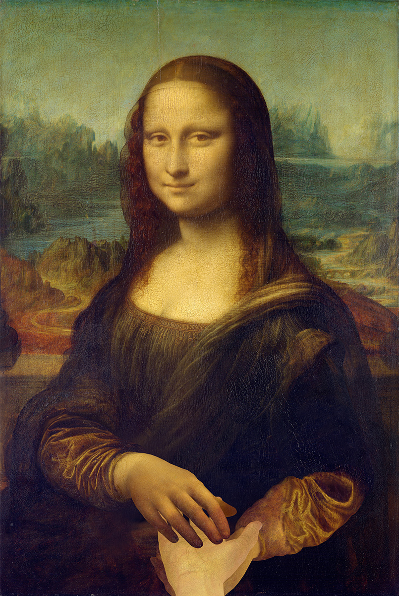 拡大画像：ENTOUCHABLE MUSEUM -超さわれる美術館-」の体験イメージ画像です。 「モナリザ」の絵と握手ができる様子を再現しています。