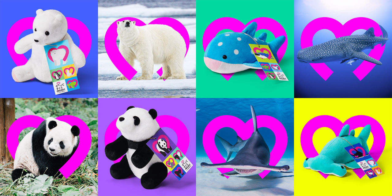 拡大画像：「すくってすくうPROJECT」の該当景品とモチーフになった絶滅危惧種の画像です。シロクマ・パンダ・サメのぬいぐるみの画像と動物の写真が並んでいます。