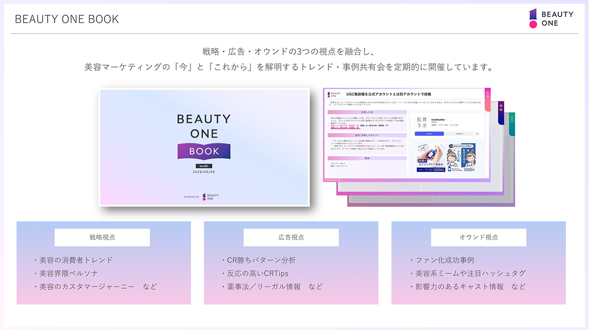 戦略、広告、オウンドの3つの視点を融合し、美容マーケティングの今とこれからを解明するトレンド、事例共有会を定期的に開催しています