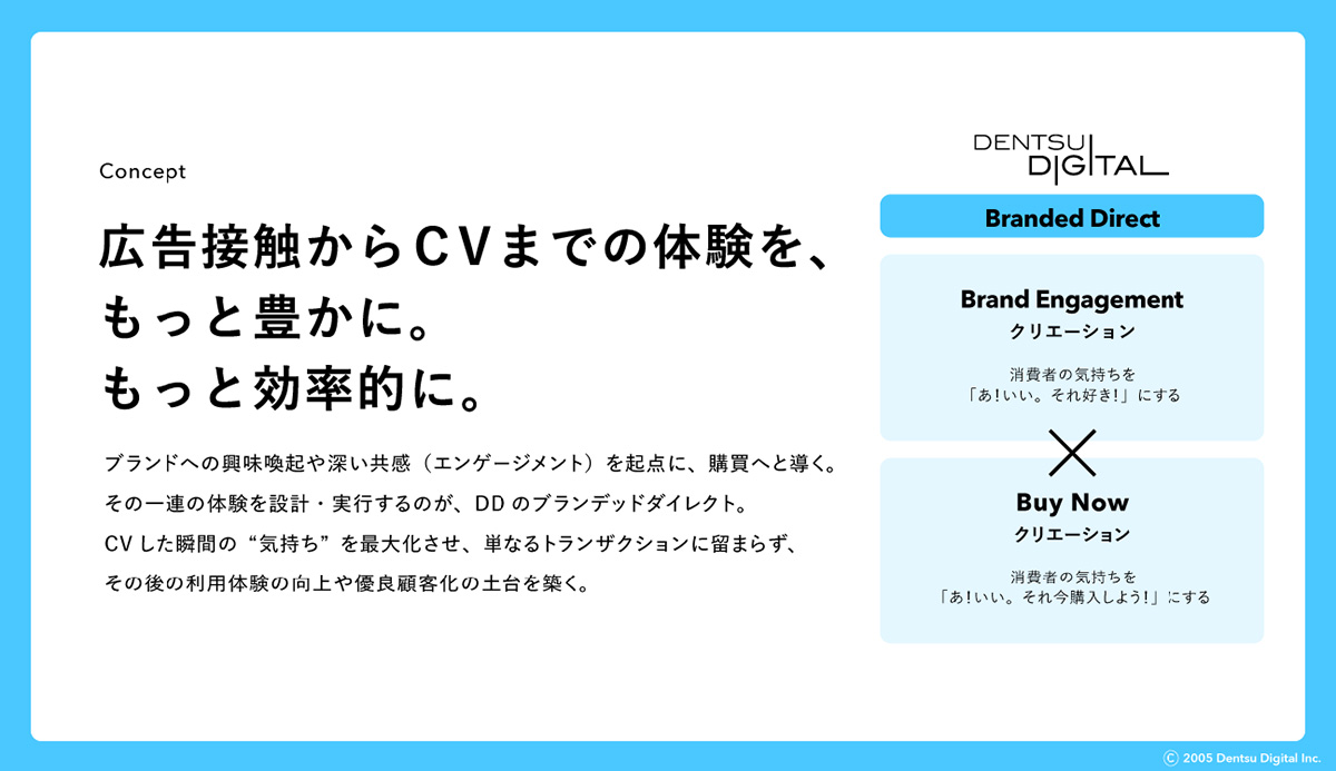 ブランデッドダイレクトのコンセプトを記した画像。強調された文字で「広告接触からCVまでの体験を、もっと豊かに。もっと効率的に。」と書かれている。