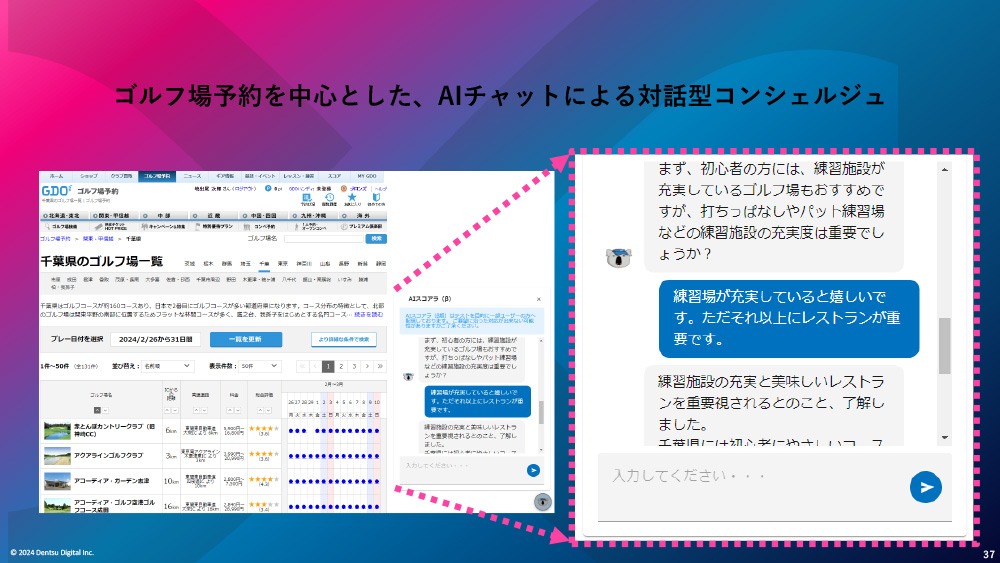 ゴルフ場予約ページに設置した対話型AIサービス。フリーワードでユーザーとAIが自然な会話をしながら一人一人の細かな要望や好み、潜在的なニーズを汲み取り、AIが個別に最適な提案を行うことでゴルフ場予約を促進します。 