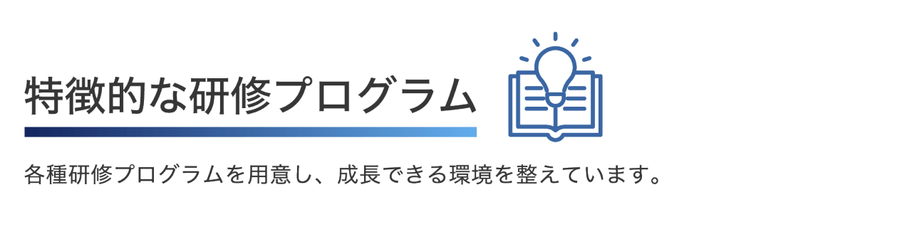 特徴的な研修プログラム 各種研修プログラムを用意し、成長できる環境を整えています。